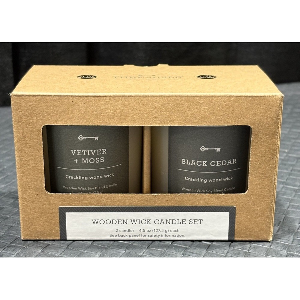 2 PC Threshold Milky White Glass Vetiver Moss & Black Cedar Wooden Wick Candles
